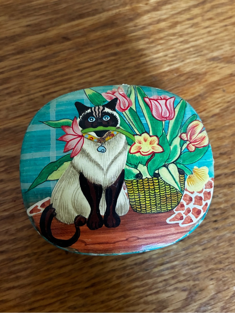 Hand-Painted Cat Wood Trinket Box